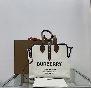 Colestore Burberry Soft Belt Neutral Canvas Bag with Brown Leather Medium 35x15x31cm