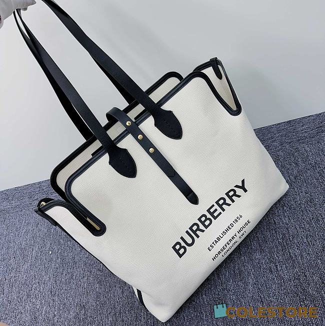 Colestore Burberry Soft Belt Neutral Canvas Bag with Black Leather Medium 35x15x31cm - 1