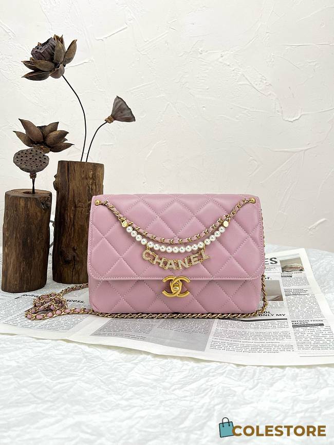 Colestore Chanel Pearl Logo Mini Flap Chain Shoulder Bag Pink Quilted Lambskin Leather 21x14x8cm - 1