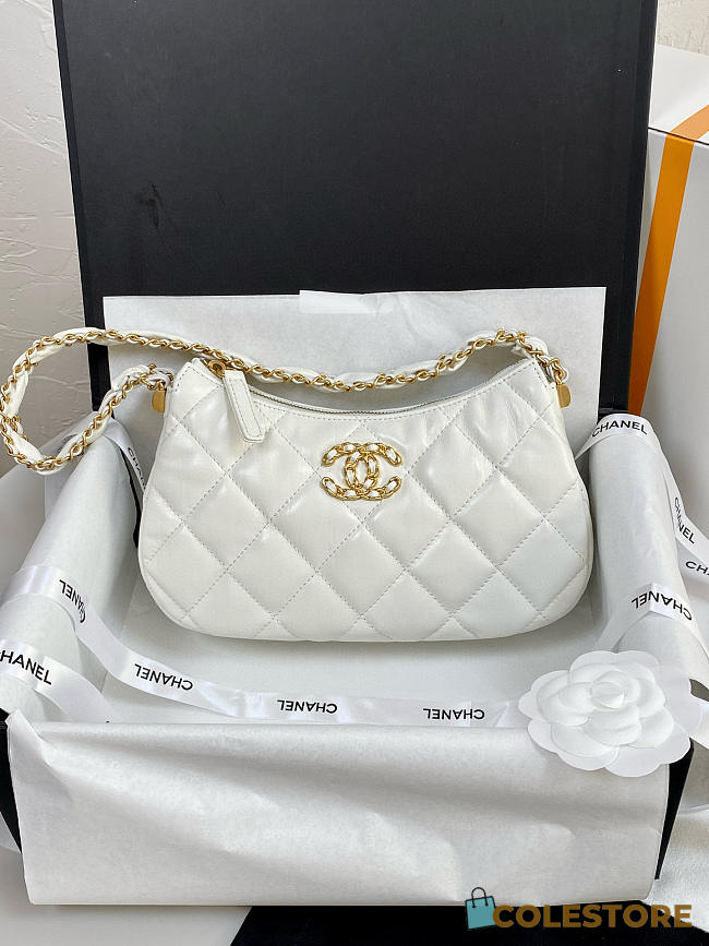 Colestore Chanel 19 Hobo Bag White Aged Calfskin Brushed Gold Hardware 23x13x5cm - 1