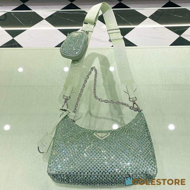 Colestore Prada Green Mini Hobo Crystal-studded Bag in Satin 22x18x6.5cm - 1