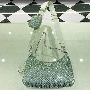 Colestore Prada Green Mini Hobo Crystal-studded Bag in Satin 22x18x6.5cm