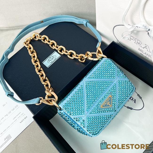 Colestore Prada Blue Mini Crystal-embellished Triangle Logo Shoulder Bag 17x11.5x6cm - 1