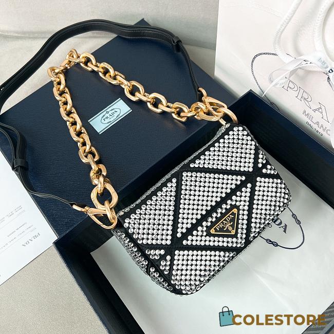 Colestore Prada Grey Mini Crystal-embellished Triangle Logo Shoulder Bag 17x11.5x6cm - 1
