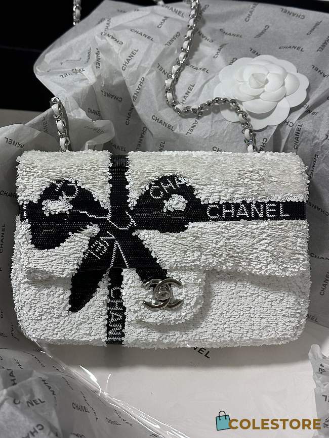 Colestore Chanel 24B Sequins Ribbon Flap Bag White size 20cm - 1
