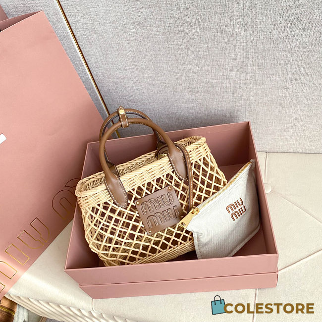 Colestore Miu Miu Woven Fabric Handbag with Leather Trim Tan/Caramel 18x23.5x9cm - 1