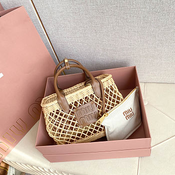 Colestore Miu Miu Woven Fabric Handbag with Leather Trim Tan/Caramel 18x23.5x9cm