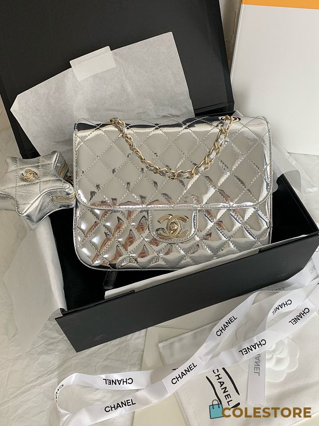 Colestore Chanel 24C Mini Flap Bag & Star Coin Purse Sliver 22.5×6.5×17cm - 1