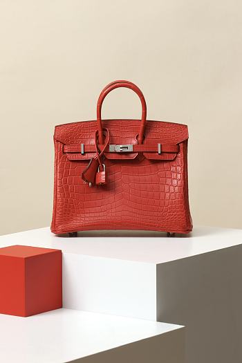 Colestore Hermes B25 Crocodile Bag Red Sliver Hardware 25x20x13cm