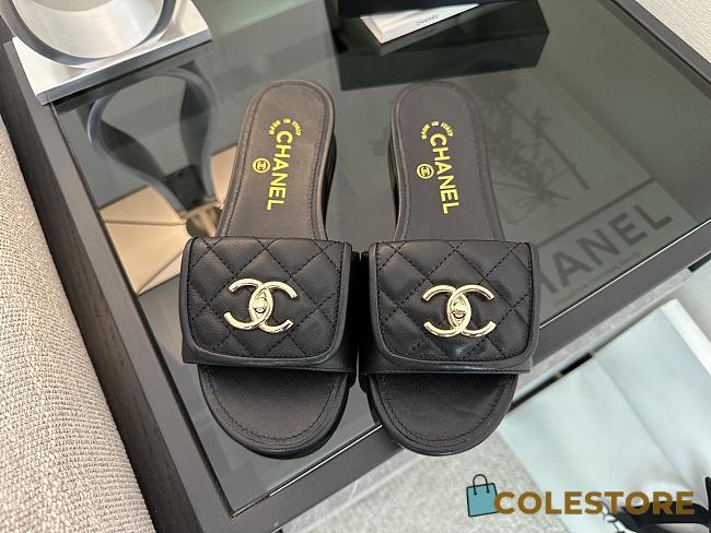 Colestore Chanel Black CC logo Turnlock Mules Slides Sandals - 1