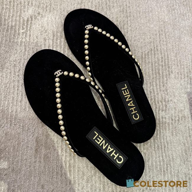 Colestore Chanel Black Velvet Flip Flops Gold Pearl  - 1