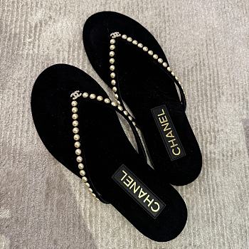 Colestore Chanel Black Velvet Flip Flops Gold Pearl 