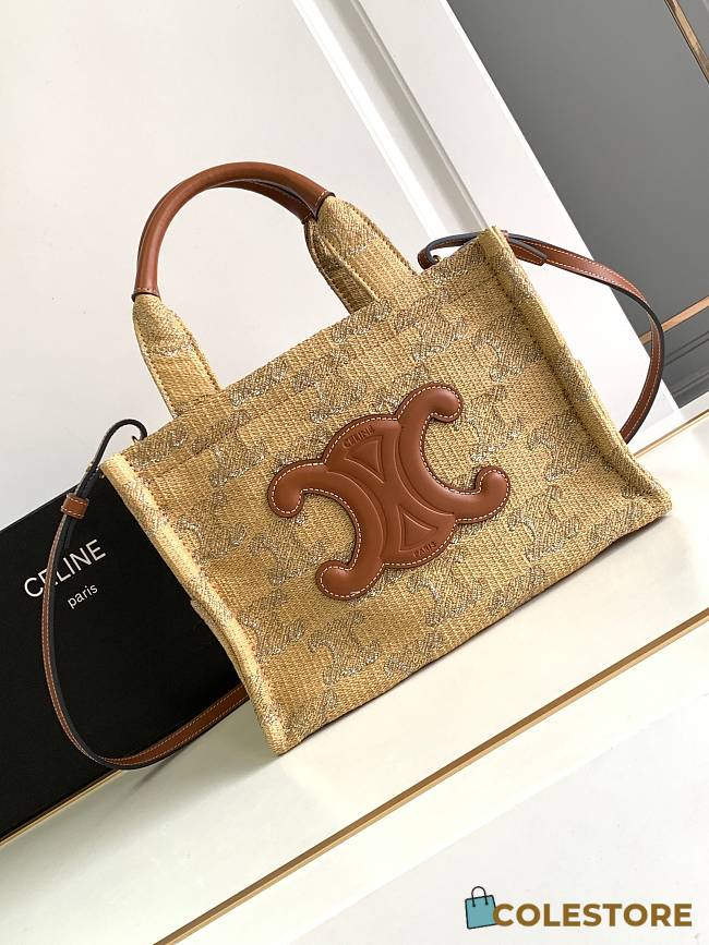 Colestore Celine Small Cabas Thais In Raffia Effect Textile With Triomphe Jacquard 25.5x18.5x12cm  - 1