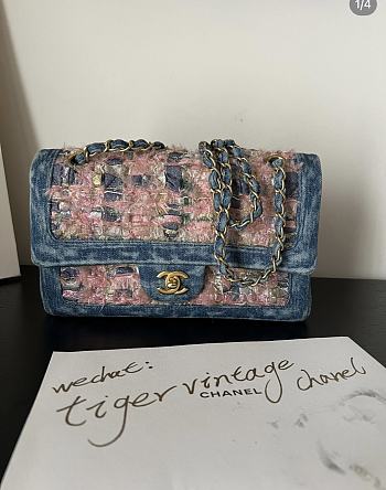 Colestore Chanel Quilted Double Flap Tweed Washed Denim Aged Gold Hardware size 25cm