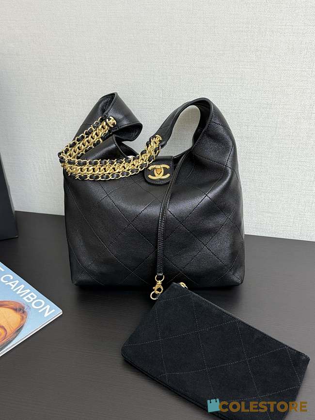 Colestore Chanel Hobo Bag Shiny Lambskin & Gold-Tone Metal Black 35x30x14cm - 1
