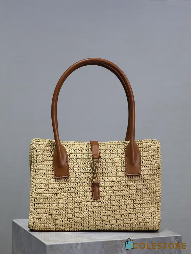 Colestore YSL Saint Laurent Tote Bag In Raffia & Leather In Naturel Brick 29×21×9cm - 1