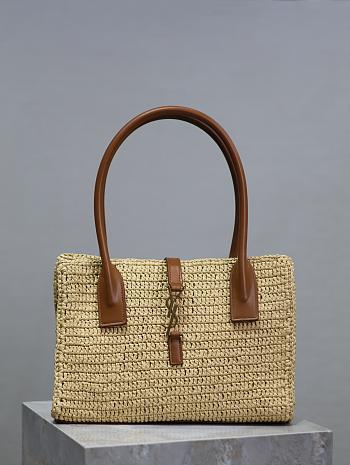 Colestore YSL Saint Laurent Tote Bag In Raffia & Leather In Naturel Brick 29×21×9cm
