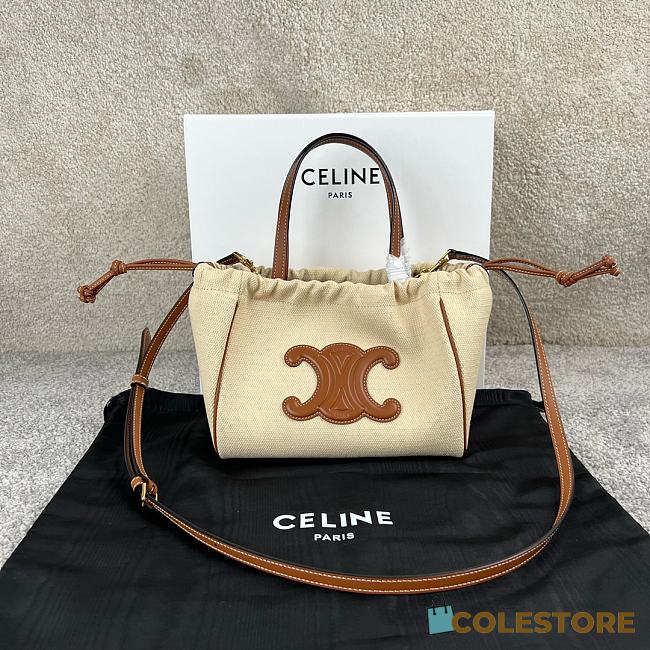 Colestore Celine Cabas Drawstring Cuir Triomphe In Textile And Calfskin Natural 22x17x15cm - 1