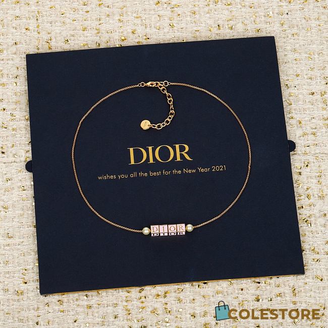 Colestore Dior D-Dice Necklace Gold-Finish Metal with Pale Pink Lacquer and White Resin Pearls - 1
