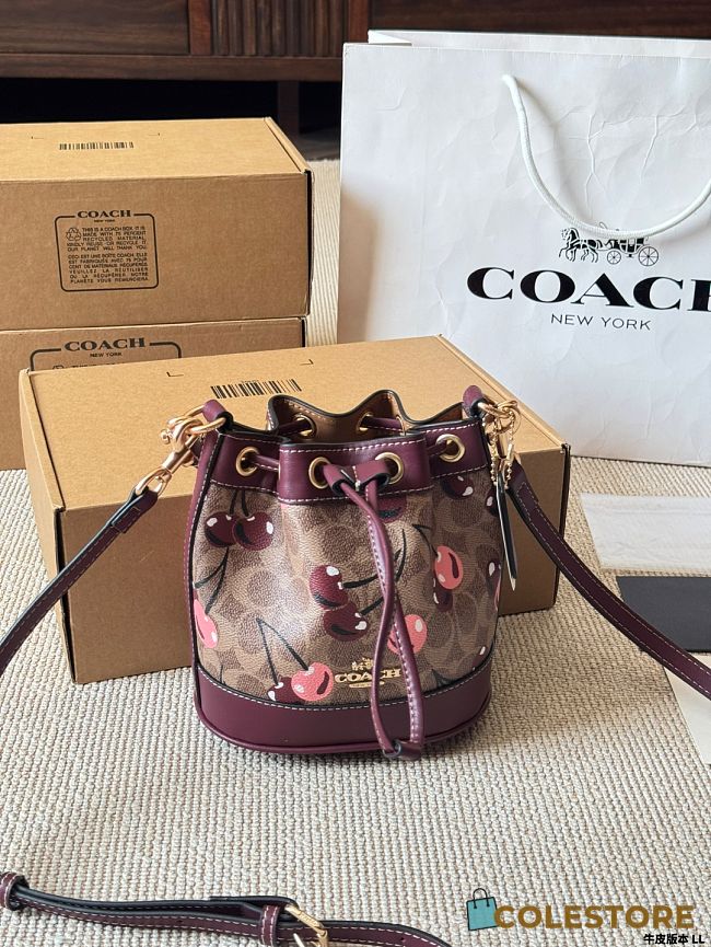 Colestore Coach Mini Bucket Bag In Signature Canvas With Cherry Print 17x14x19cm - 1