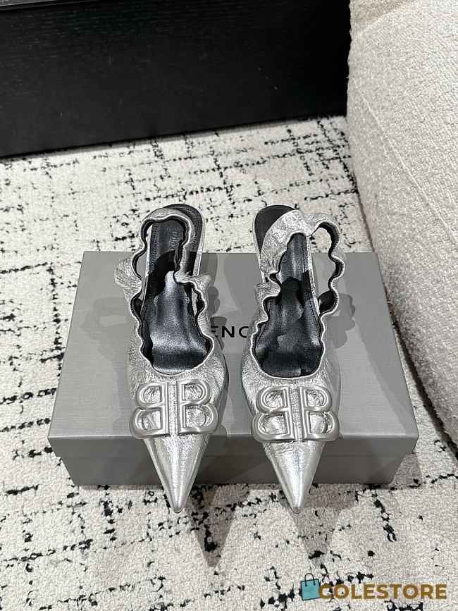 Colestore Balenciaga Double B Buckle Pointed Toe Sandals Flats Slingback Sliver - 1