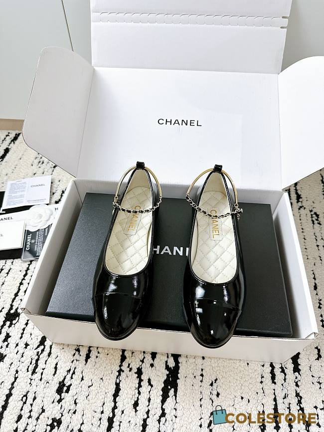 Colestore Chanel Lambskin Patent Calfskin Cap Toe Ankle Chain Ballerina Flats Black - 1