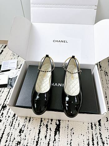 Colestore Chanel Lambskin Patent Calfskin Cap Toe Ankle Chain Ballerina Flats Black