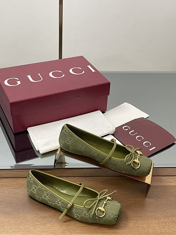 Colestore Gucci Horsebit Ballet Flat Green Oginal GG Canvas 