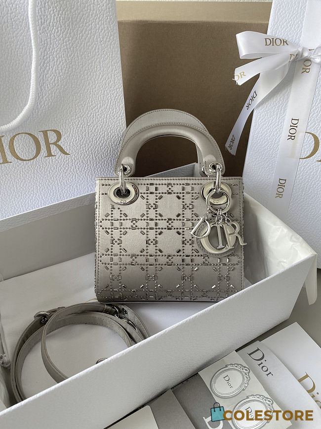 Colestore Dior Mini Lady Dior Gray Strass Cannage Satin 17×15×7cm - 1