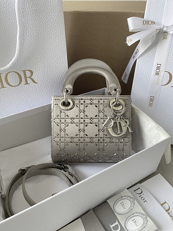 Colestore Dior Mini Lady Dior Gray Strass Cannage Satin 17×15×7cm