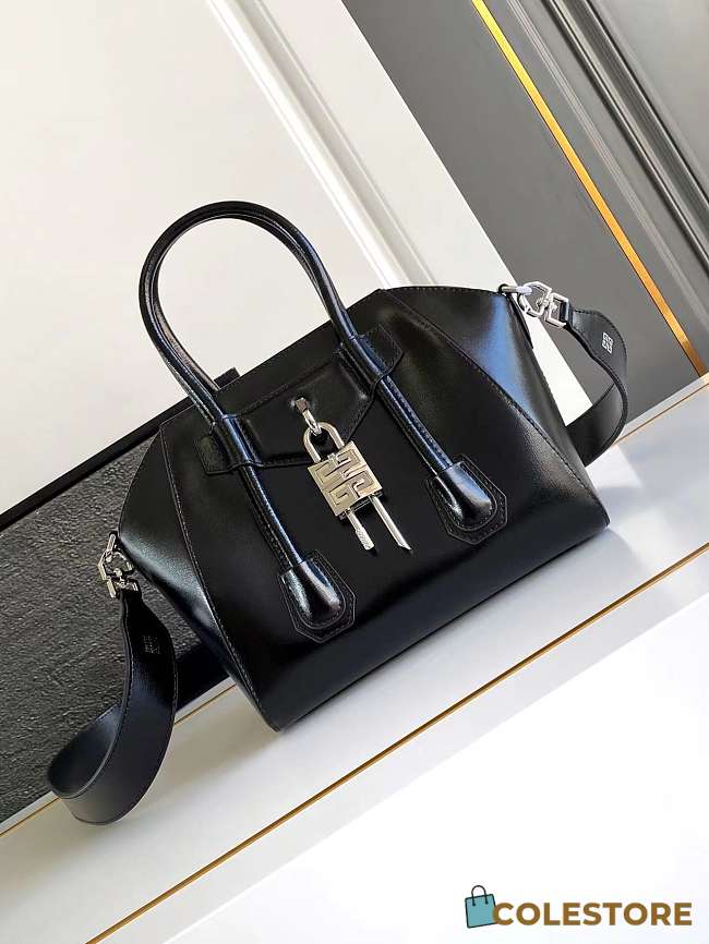Colestore Givenchy Women's Mini Antigona Lock Black x Sliver Hardware Bag In Box Leather 22x18x13cm - 1