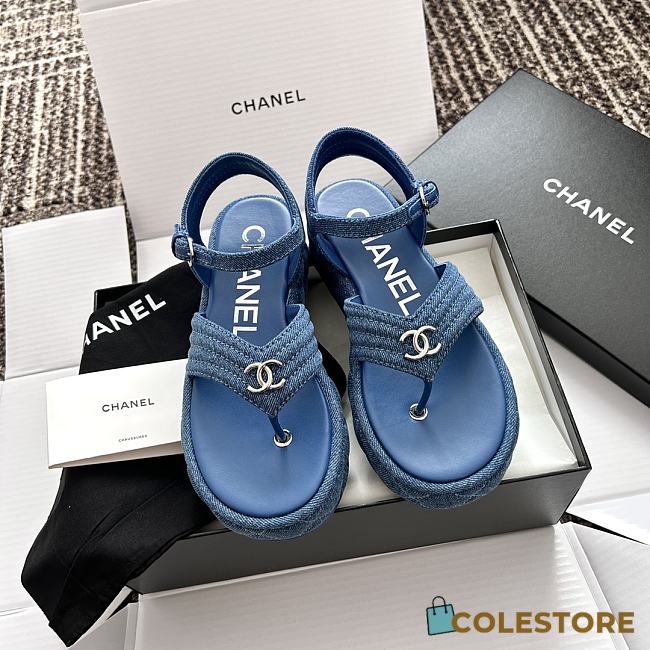 Colestore Chanel Platform Thong Blue Denim Sandals - 1