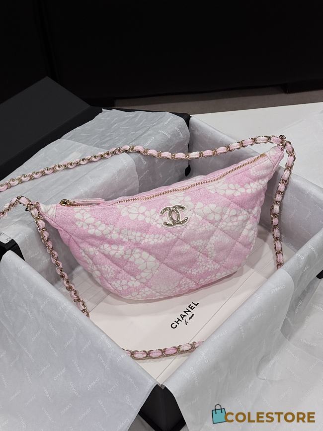 Colestore Chanel CoCo Beach Large Hobo Bag, Printed denim & Gold-tone Metal, White & Pink - 1