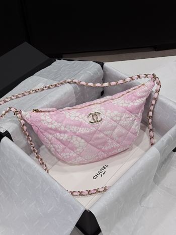 Colestore Chanel CoCo Beach Large Hobo Bag, Printed denim & Gold-tone Metal, White & Pink