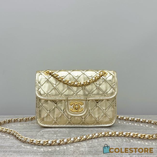 Colestore Chanel Mini Flap Bag Metallized Braided Calfskin & Gold-Tone Metal Gold 13x19x5.5cm - 1