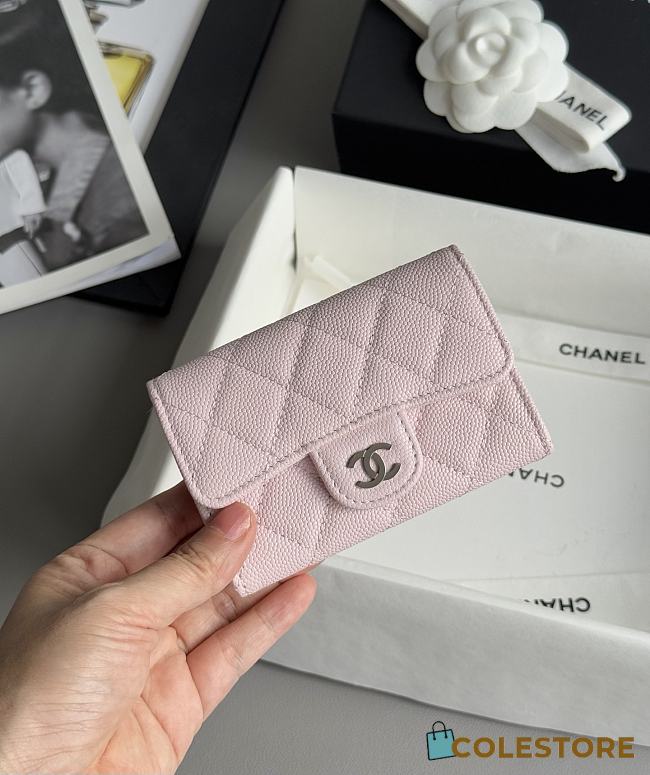 Colestore Chanel Caviar Quilted Flap Card Holder Wallet Pink x Sliver Hardware 7.5x11.2cm - 1