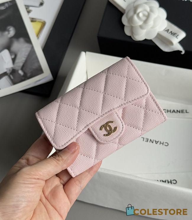 Colestore Chanel Caviar Quilted Flap Card Holder Wallet Pink x Gold Hardware 7.5x11.2cm - 1