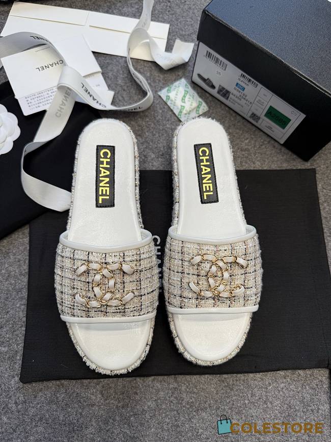 Colestore Chanel Tweed Chain Slides White - 1