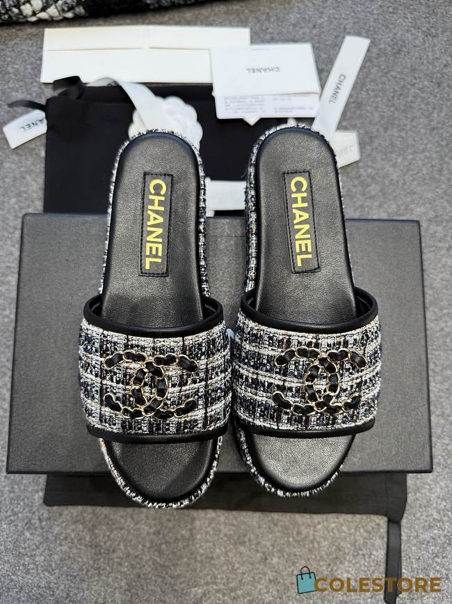Colestore Chanel Tweed Chain Slides Black - 1