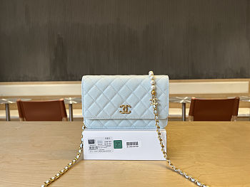 Colestore Chanel Woc Lamskin Light Blue Pearl on Chain 19x12x3.5cm