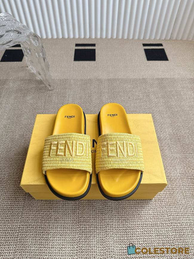 Colestore Fendi Flat Woven Embroidered Logo Slides Yellow - 1