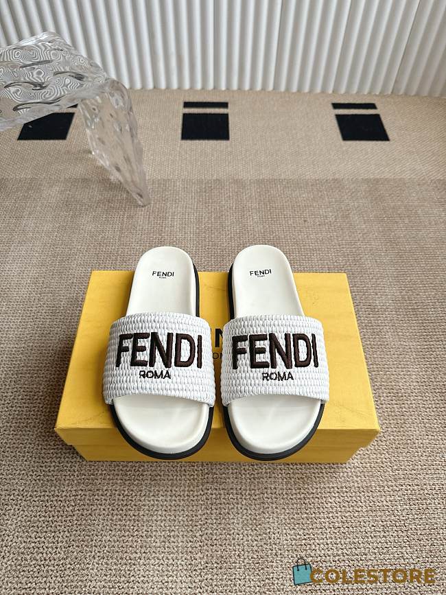 Colestore Fendi Flat Woven Embroidered Logo Slides White - 1