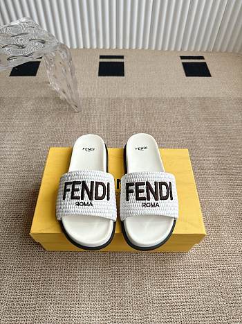 Colestore Fendi Flat Woven Embroidered Logo Slides White