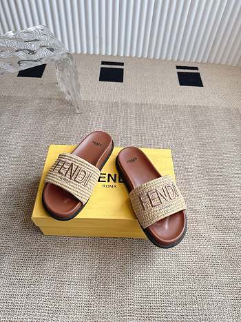 Colestore Fendi Flat Woven Embroidered Logo Slides Natural