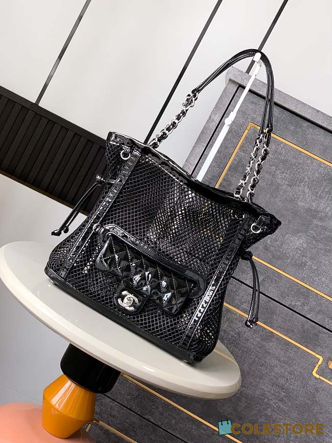 Colestore Chanel Deauville Mesh Tote with Patent Quilted Flap Pocket 26x28x9cm - 1