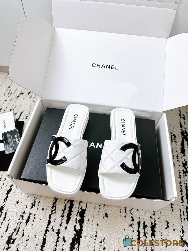 Colestore Chanel White Flat Slides  - 1
