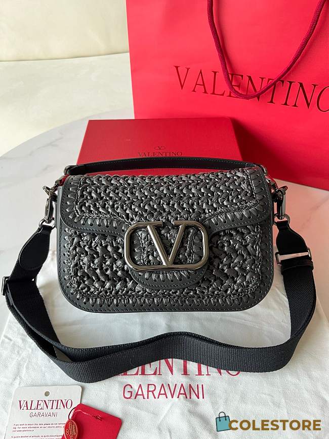 Colestore Valentino Garavani Alltime Woven Leather Shoulder Handbag Black 23.5x18x8cm - 1