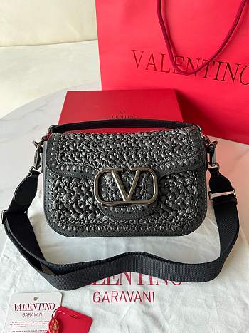 Colestore Valentino Garavani Alltime Woven Leather Shoulder Handbag Black 23.5x18x8cm