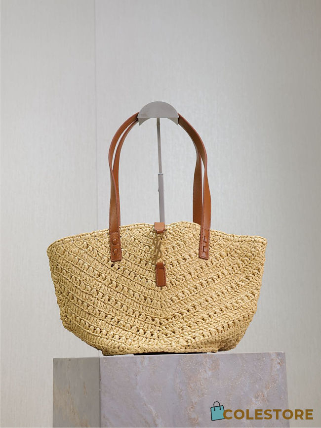 Colestore YSL Saint Laurent Panier Leather Trimmed Raffia Tote Beige 38×20×21cm - 1