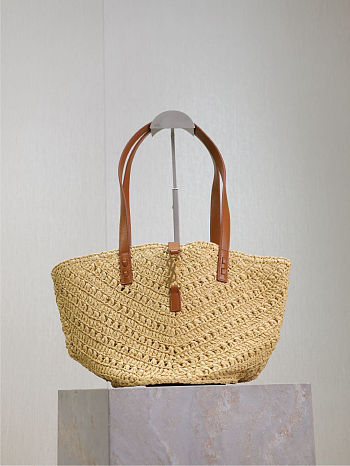 Colestore YSL Saint Laurent Panier Leather Trimmed Raffia Tote Beige 38×20×21cm